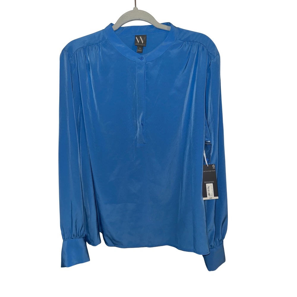 Worthington Womens Blue Macaw Mandarin Collar Button Front Blouse XL NEW